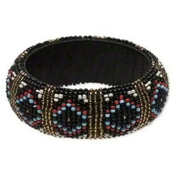 Handcrafted India Beaded Bangle Bracelet Black Gold White Red Blue Pattern - Picture 1 of 1